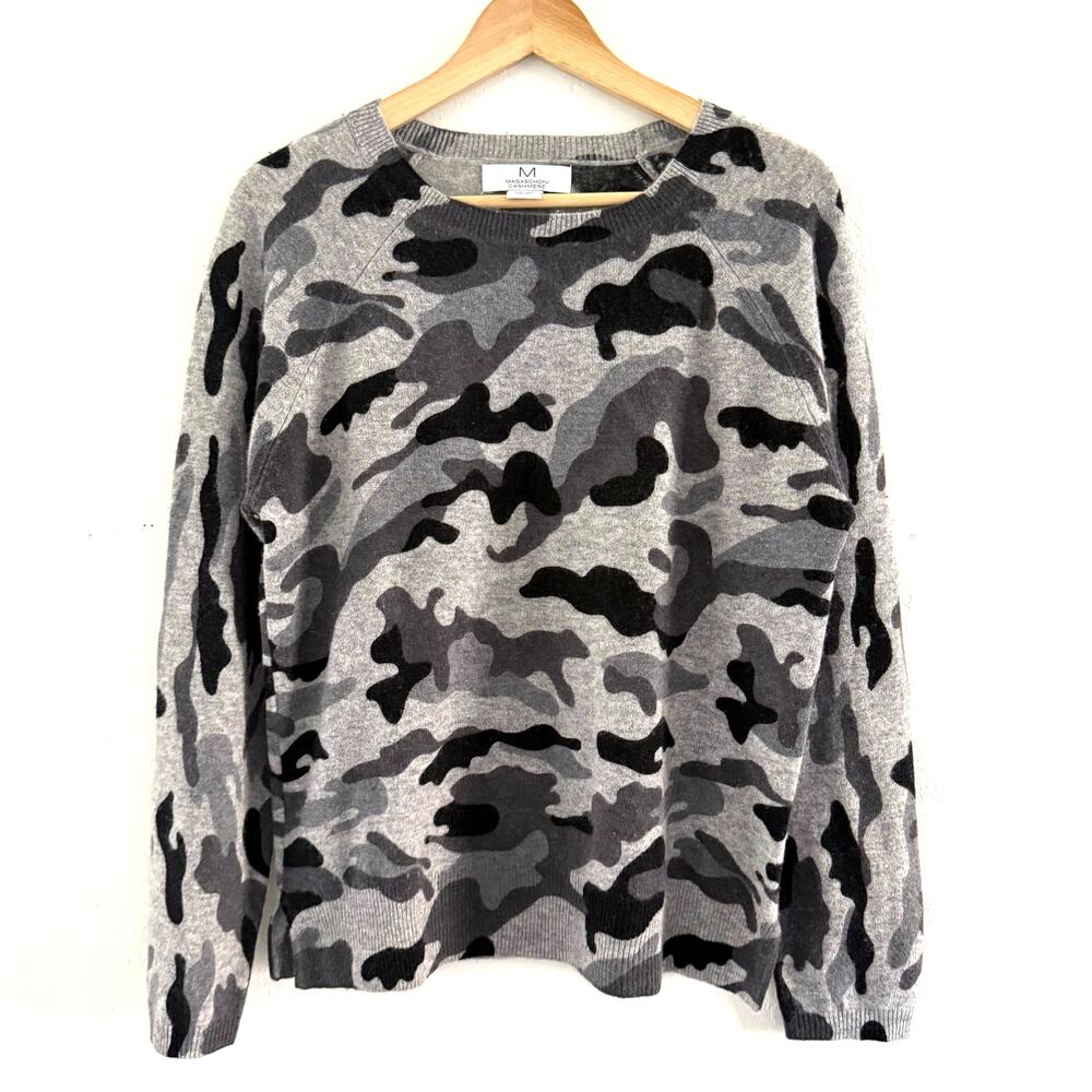 Magaschoni Cashmere Grey Camouflage Crewneck Raglan Sweater Large 100% Cashmere‎